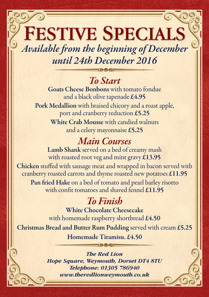Festive Specials Menu The Red Lion Weymouth