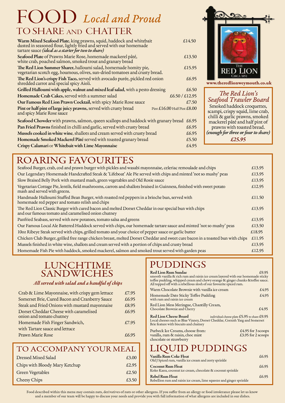 Menu | The Red Lion Weymouth