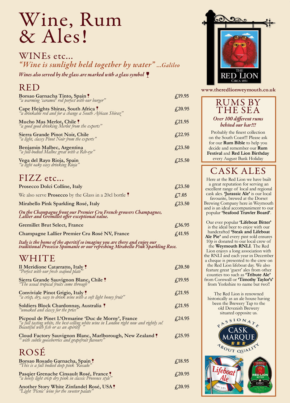 Menu The Red Lion Weymouth